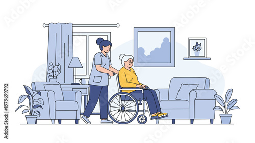 Compassionate young caregiver pushing senior woman in wheelchair through comfortable sunlit living room at assisted living home.