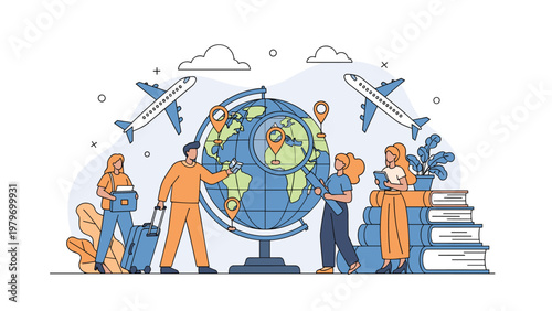 Group of international students and travelers exploring global opportunities around a giant world globe with planes and books.