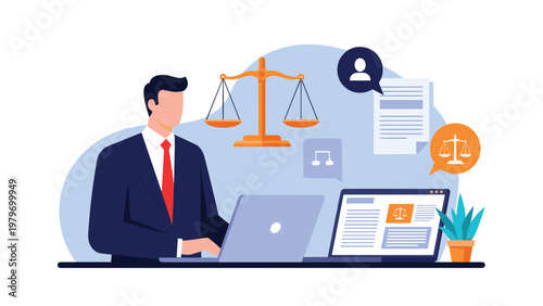 Attorney working at desk on legal case using laptop computer surrounded by scales of justice and professional law icons.