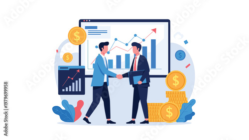 Business partners shaking hands to seal a financial deal in front of a successful growth chart and stacks of gold coins.