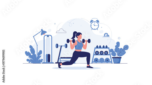 Fit young woman performing weighted lunges with dumbbells in her modern home gym equipped with professional workout gear.