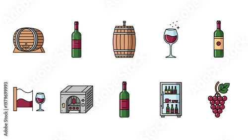 Comprehensive icon set for wine production and tasting featuring wooden barrels glass bottles red grapes and storage cellar.