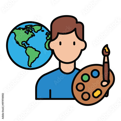 Cartoon man holding paintbrush and palette with earth globe  artist concept icon