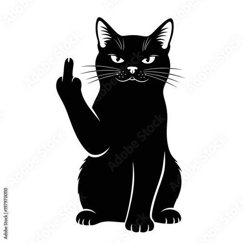 A black cat playfully raises its paw in a rude gesture
