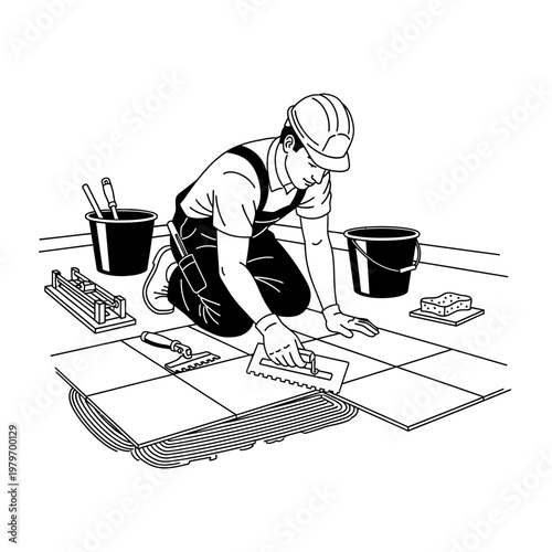 A construction worker kneeling and installing floor tiles with tools