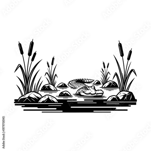 An alligator lurks in the water amongst reeds and rocks