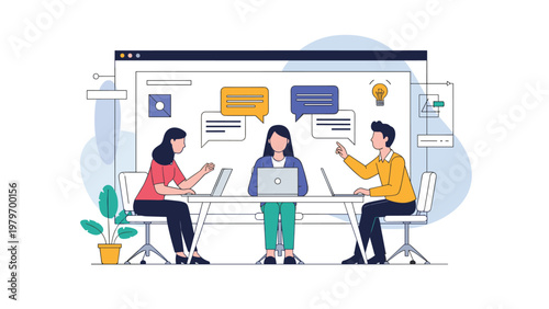 Creative business team collaborating on a digital project during a brainstorm session with laptops and interactive ideas.