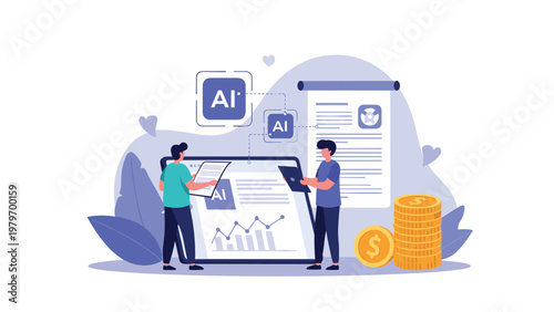 Financial analysts using artificial intelligence technology to optimize investment strategies and track monetary growth data.