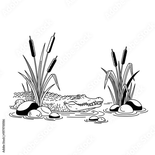 Tableau sur toile An alligator lurks in the water amongst cattails and rocks