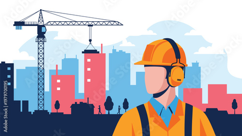 Professional construction engineer wearing safety gear standing against a modern urban skyline with heavy building equipment.