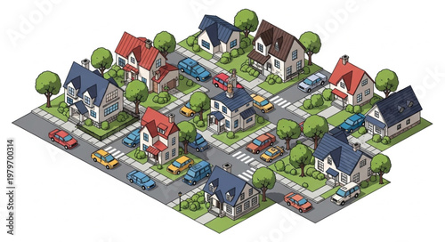 Isometric suburban neighborhood with houses and cars.