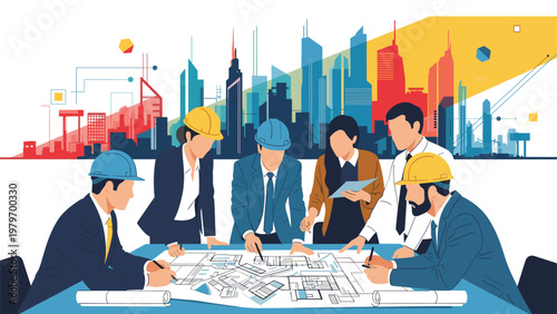 Team of professional architects and engineers reviewing urban construction plans on a large blueprint table in an office.