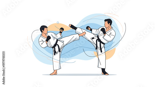 Dedicated martial arts athletes practicing karate techniques and sparring in a traditional white uniform on a blue background.