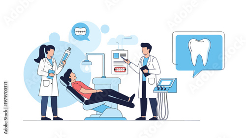 Professional dental team performing a checkup and treatment on a patient in a modern medical healthcare clinic.