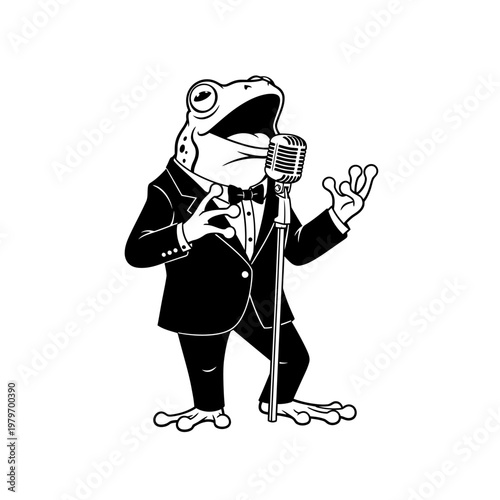 A dapper frog in a tuxedo sings into a vintage style microphone