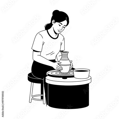A woman skillfully crafting a ceramic vase on a pottery wheel
