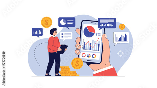 Financial analyst tracking market performance and business metrics using a modern mobile analytics application.