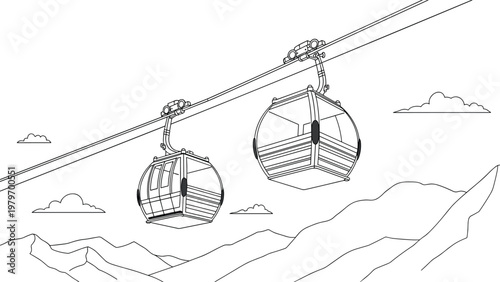 Artistic line drawing of two modern aerial cable cars traveling along a wire over a scenic mountain range with clouds and rugged peaks.