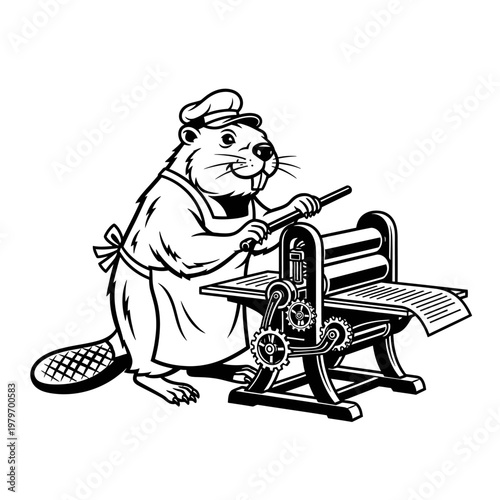A beaver printer diligently operates a vintage letterpress printing machine