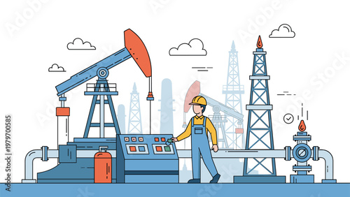 Oil industry technician operating a digital control panel on-site with various pumpjacks and distillation towers in the industrial background.