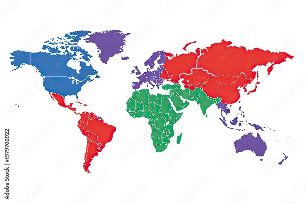 Naklejka premium Colorful World Map Showing Different Regions and Continents
