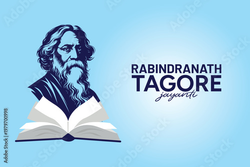 Rabindranath Tagore portrait with open book for Tagore Jayanti
