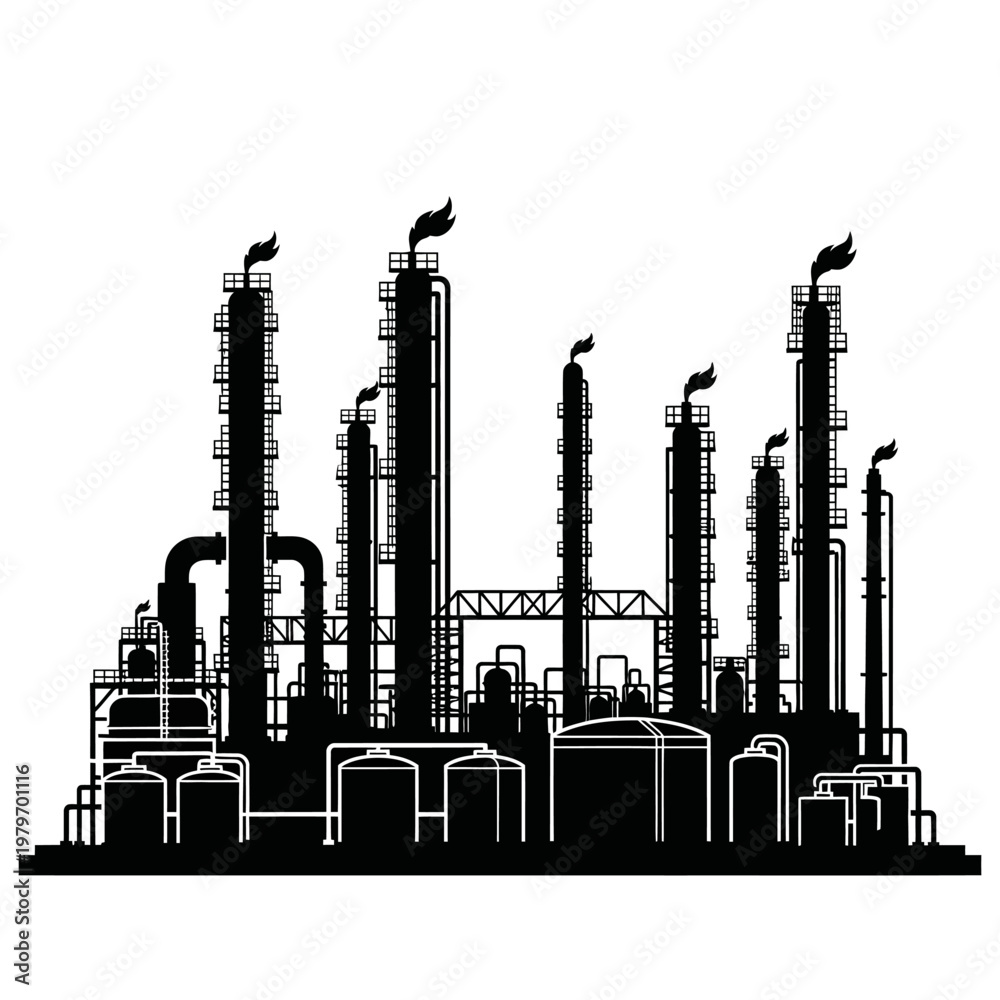 Obraz premium Silhouette of an industrial oil refinery complex against a white background