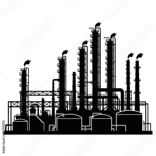 Silhouette of an industrial oil and gas refinery complex with flames