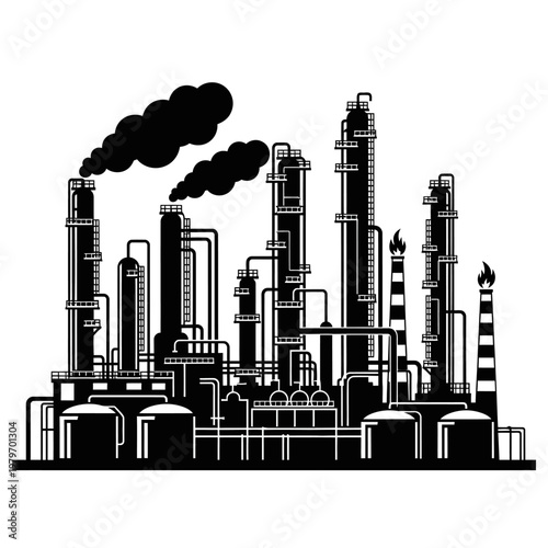 Industrial complex with multiple refinery towers and smoke stacks illustrated