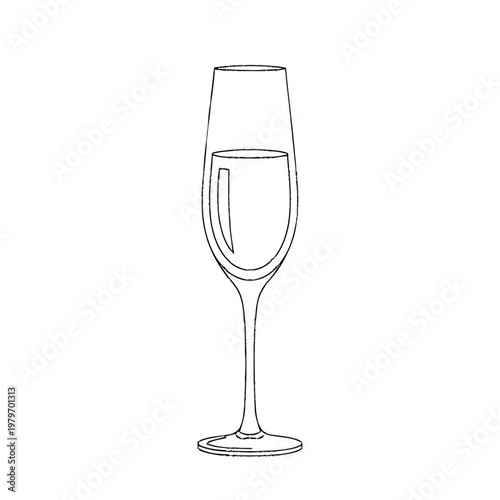 Minimalist line art illustration of a single champagne flute glass with sparkling beverage. Hand drawn vector outline, isolated.
