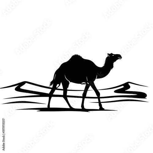 A black silhouette of a camel walking across a desert landscape