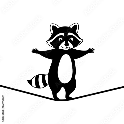 A charming raccoon balances playfully on a simple tightrope illustration