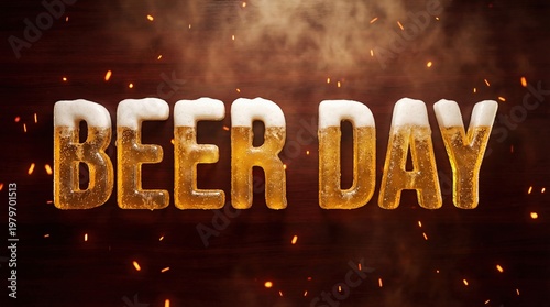 BEER DAY text with beer and foam effect on a wood texture, with soft smoky and glowing particle effects.