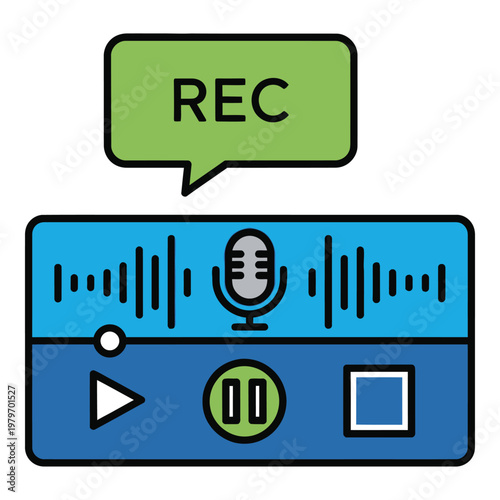 Audio recording interface with microphone and control buttons on screen icon