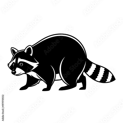 A stylized black and white illustration of a foraging raccoon