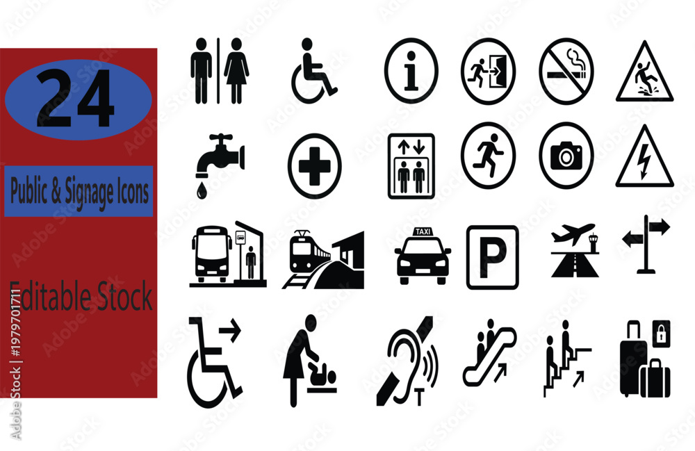 Fototapeta premium Public Signage Icons Set - Universal Pictogram Symbols for Transportation, Safety and Accessibility
