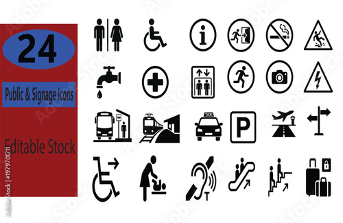 Public Signage Icons Set - Universal Pictogram Symbols for Transportation, Safety and Accessibility