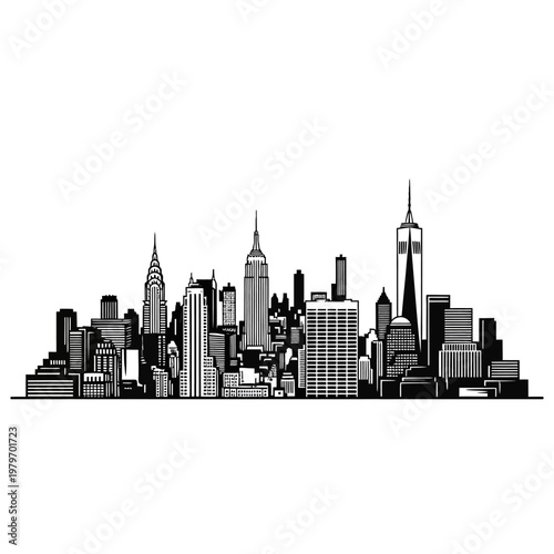 Black and white skyline illustration of a major city likely new york
