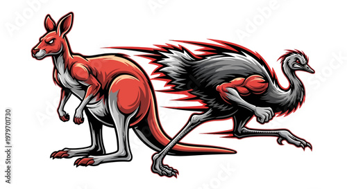 Strong Muscular Kangaroo and Emu Mascot Logo Illustration