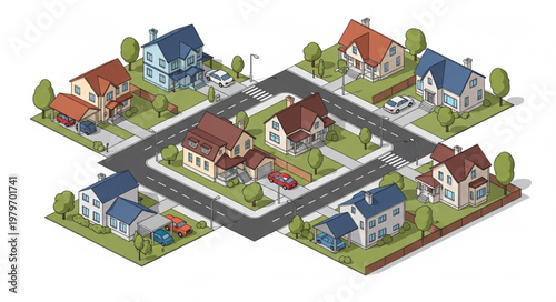 Isometric suburban neighborhood with houses and streets.