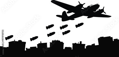 A black and white image of a plane dropping bombs on a city