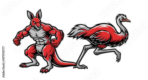 Strong Muscular Kangaroo and Emu Mascot Logo Illustration