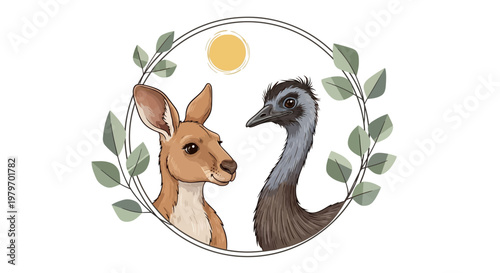 Minimalist Australian Kangaroo and Emu Portrait with Eucalyptus Leaves