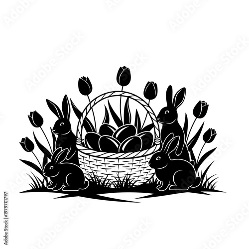 Black and white illustration of a basket with bunnies and easter eggs