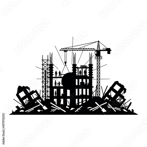 Silhouette of a construction site with a crane and unfinished building.