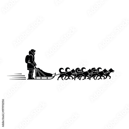 Silhouette of a person driving a dog sled team across a snowy landscape.
