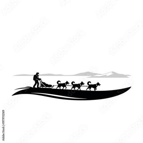 Silhouette of a Musher and Sled Dogs Pulling a Sled Across a Snowy Landscape.