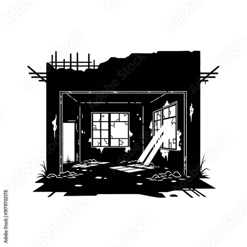Silhouette of a Ruined Building Interior with Broken Windows.