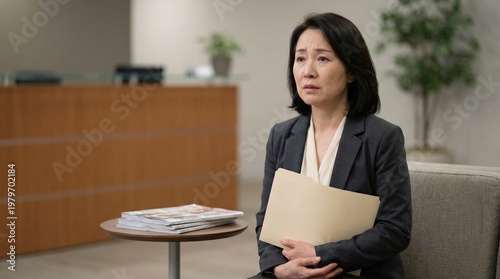 East Asian middle-aged woman with job interview nerves holding