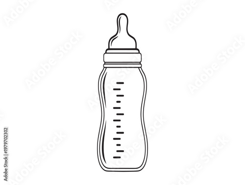 Simple black and white line drawing of a classic baby bottle for infant feeding